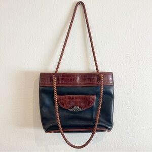 Vintage Brighton Purse Women Brown Croc Embossed Trim Black Leather Shoulder‎